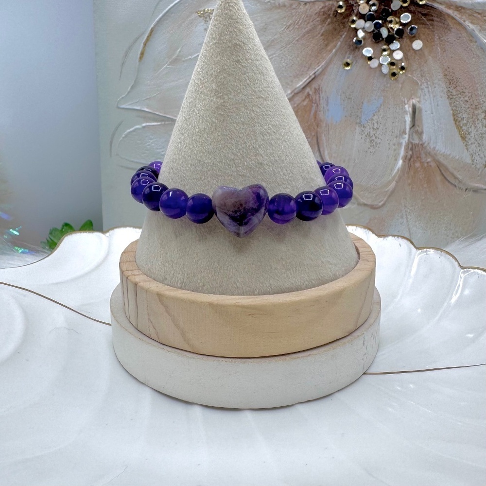 Amethyst One Heart Centered Beaded Bracelet for large wrists